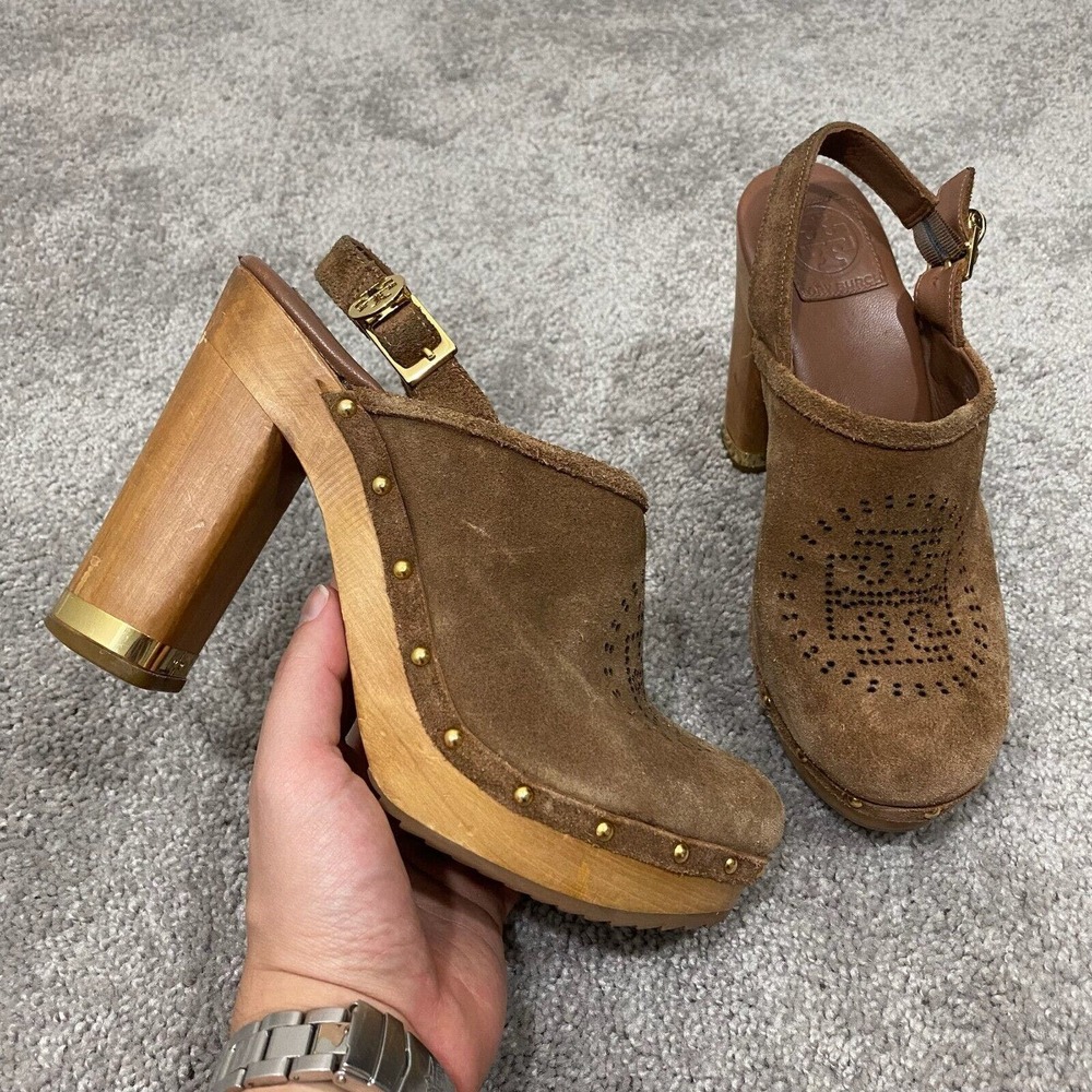 Tory Burch Brown Suede Wood-Block Heel Clog Mules with Stud Detail